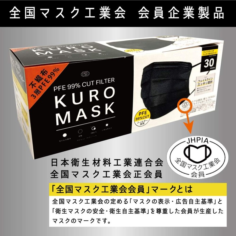 HOKU MA-BK-90 Surgical Mask, Black, Set of 30, Kaken Certified,