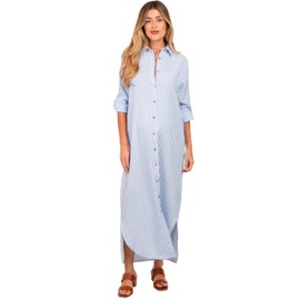 PinkBlush Light Blue Striped Button Down Maternity Maxi Dress