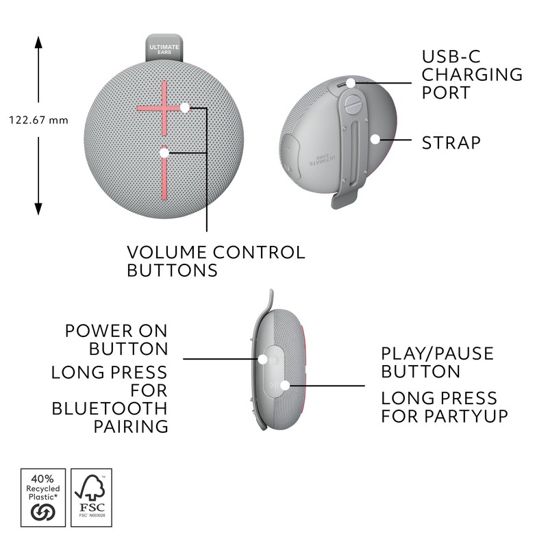 ULTIMATE EARS MINIROLL Ultra-Portable Waterproof Bluetooth Speaker, Big Bass, IP67