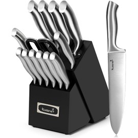 Kuisine Black 15-Piece High Carbon Stainless Steel Kitchen Knife Block Set Hollow Handle Chef Knife Set Built-In Knife Sharpenercolor: Black
