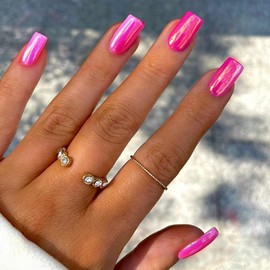 Hot Pink Press on Nails Medium Square Fake Nails Aurora Chrome False Nails with Design Solid Color Acrylic Glue on Nails Glossy Full Cover Stick on Nails Artificial Nails for Women Manicure 24Pcs