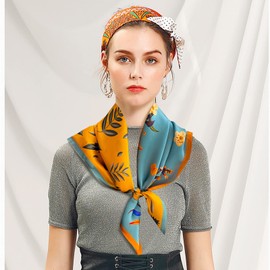 LumiSyne Silk Scarf Women's Square Scarf 70 x 70 cm Colourful Flowers Tree Printed Lightweight Satin Square Scarf Multifunctional Neckerchief Headscarf Bandana Headband Headband, Blue yellow flowers leaves