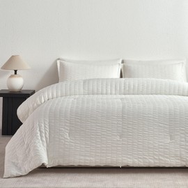 JELLYMONI Seersucker Comforter Set Queen Size with Sheets, White Fluffy Bed in a Bag 7-Pieces, All Season Bedding Sets with Comforter, Pillow Sham, Flat Sheet, Fitted Sheet, Pillowcases