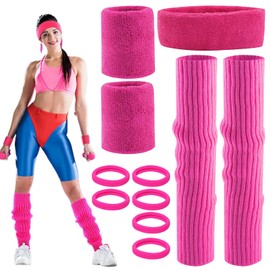 Ormromra 80s Women's Pink Leg Warmers Set, Neon Leg Warmer Outfit Costume Set, Carnival Knitted Leg Warmers Accessory Set and Hair Ring, Leg Warmer Stockings, Headband Bracelets for Sports Theme