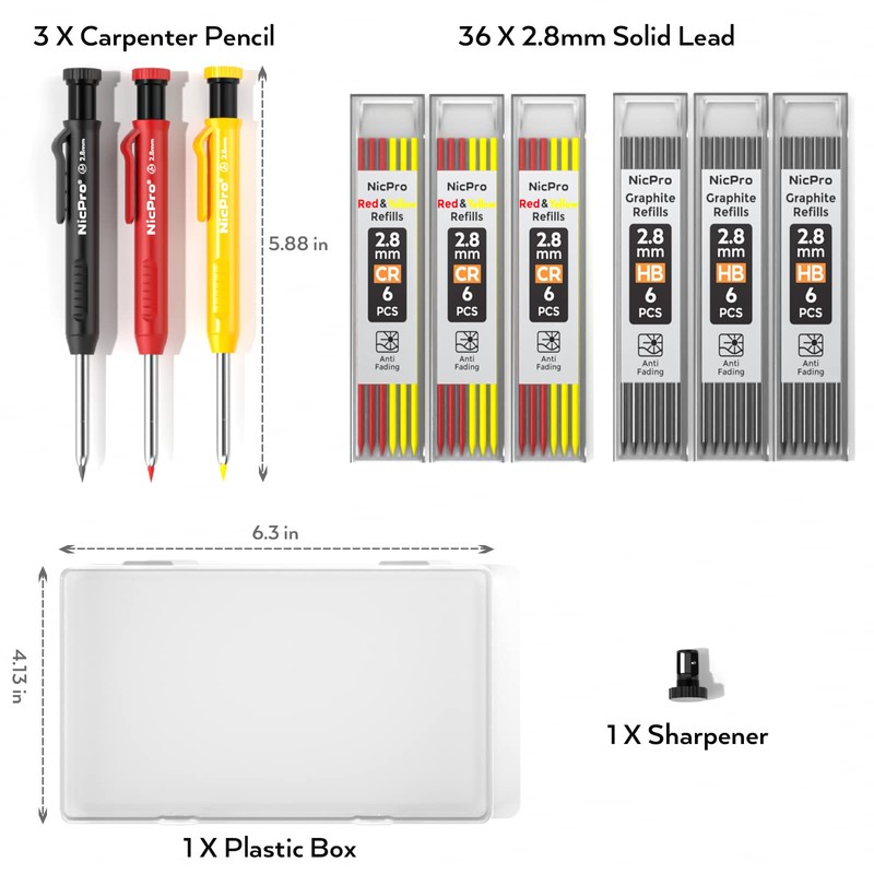 Nicpro 3 Pack Carpenter Pencil with Sharpener, Mechanical Carpenter Pencils
