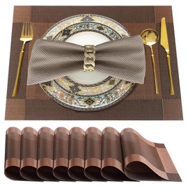 Uolr Table Mats Set of 8 Brown Washable& Wipeable Plastic Placemats for Kitchen Indoor Outdoor Heat Resistant Non Slip Woven Vinyl Table Placemats Protect Dining Table Place mats (Brown)
