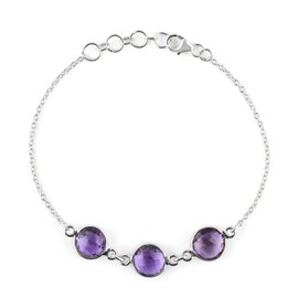 Natural Amethyst Gemstone Coin Cut Bracelet Healing Crystals 925 Sterling Silver with Rhodium Plated Statement Jewelry in 7+1inch Febuary Birthstone Women Gift