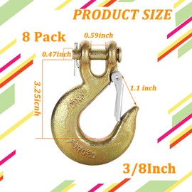 APOCHON 3/8" Clevis Slip Hook with Safety Latch, 8 Pack Heavy Duty Grade 70 Safety Chain Hook for Trailer Truck Transport, Grab Hook, Tow Hook, 18,000lbs Load Capacity