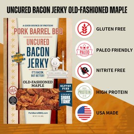 Pork Barrel BBQ Old-Fashioned Maple Bacon Jerky - Uncured Snacks, Sweet Maple and Brown Sugar with Smoky, Slow Cooked Bacon, Nitrate and Nitrite Free, Gluten Free Protein Snack, 2 oz