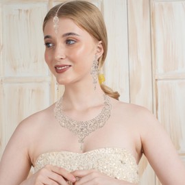 New! Touchstone Indian Bollywood Princess Diana Studded Diamond Look Scintillating White Rhinestone Designer Jewelry Necklace Mangtika Set In Silver Tone For Women.