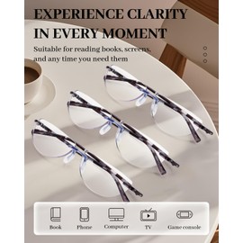 LUFF 3 Pack Half Reading Glasses for Women and Men Rimless Blue Light Reading Glasses Lightweight Half Moon Readers 3.50x
