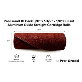 Pro-Graad 3/8” Diameter x 1-1/2” Length x 1/8” Pilot Hole 80 Grit Aluminum Oxide Straight/Untapered Cartridge Roll, 10 Pack, Includes 1x CR-9 Mandrel