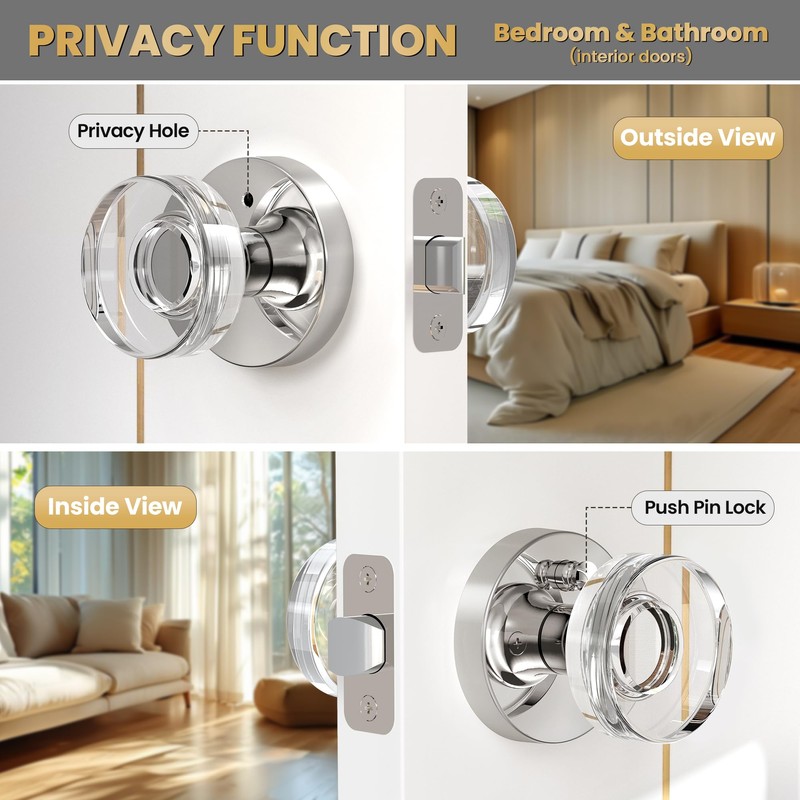 naubea Crystal Door Knob Polished Chrome Interior Privacy Door Knobs