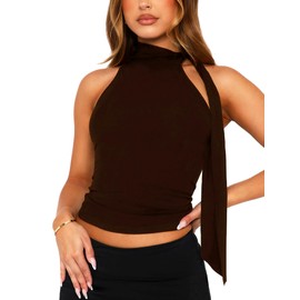 OZICERD Off Shoulder Halter Mock Neck Going Out Tops for Women Cute Club Rave Top Bow Tie Sleeveless Crop Tank Top with Scarf Brown M