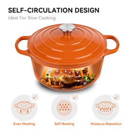 Miereirl 6 Quart Enameled Dutch Oven Pot with Lid, Cast Iron Dutch Oven with Dual Handles for Bread Baking, Cooking, Non-stick Enamel Coated Cookware (Orange)