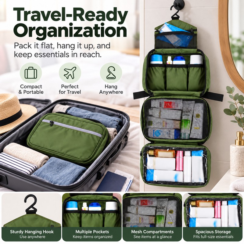 Hanging Toiletry Bag for Travel – Waterproof Foldable Organizer for