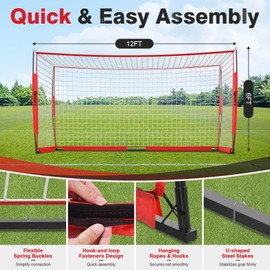 Portable Soccer Goal, Detachable 12x6 FT Soccer Goals Net for Backyard, Quick Setup Training Equipment with 1 Carry Bag, 1 Football, 12 Training Cones (Red)