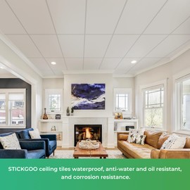 STICKGOO Drop Ceiling Tiles 2ft x 4ft, White Soomth Ceiling Tile 24 x 48in, Waterproof - Fire-Rated to Prevent Breakage - Package of 10 Tiles Cover 80 Sq. Ft