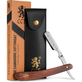 Cambridge Cutthroat Open Blade Razor for Men - Missanda Hardwood Handle, Swing-Lock Single Edge Cut Throat Razor with Leather Travel Pouch, Beard Shaping & Wet Shaving (Blades Not Included)