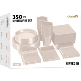 350 Pcs Ivory Plastic Plates For Party, Ivory Disposable Plates Set, 50 Of Each 9" Dinner Plate Set, 7" Dessert Plate, Cups, Napkins & Cutlery Plastic Dinnerware Exquisite