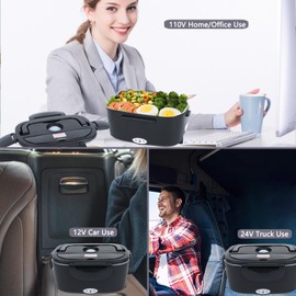 Eleckfun Electric Lunch Box Food Heater, 2 in 1 Heated Lunch Box for Car Truck Home Work Adults Food Heating, Leak Proof, 1.5L Removable Stainless Steel Container, 110V/12V/24V 80W