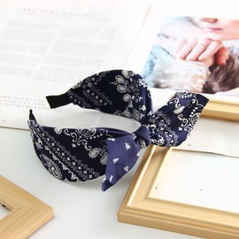 scicent Headband Paisley Boho Bow Bandana Knot Headbands Retro Flower Printed Elastic Rabbit Ear Hair Bands for Women and Girls Navy Hair Accessories 04