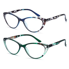 EYEURL Cat Eye Reading Glasses for Women, 2 Pack Blue Light Blocking Readers for Ladies Spring Hinge Fashion Pattern +0.75 Magnification Anti Eyestrain UV Protection