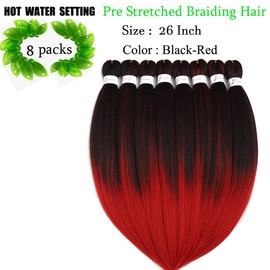 Pre Stretched Braiding Hair Extensions 26inch 8packs Mixed Color Professional Braids Hair Soft Yaki Straight Braid Hair Hot Water Setting Synthetic Crochet Hair (26inch,Mixed Black & Red)
