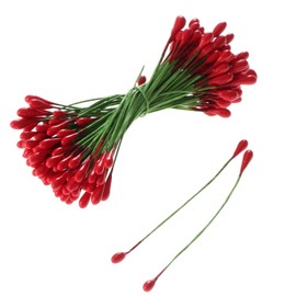 100Pcs Artificial Round Flower Stamens Red Double Sided Holly Berries on Wire Wrapped Craft DIY