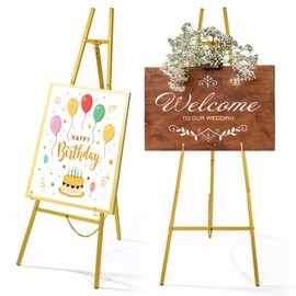 Croblissful Gold 50" Easel Stand for Wedding Signs Metal Display Easel 3 Tier Adjustable Heavy Duty Floor Display Stand Tripod with Chain Support for Painting Canvas Mirror Welcome Sign Baby Shower