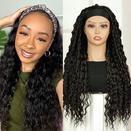 Creamily Black Curly Headband Wig for Black Women, Long Curly Wavy Headband Wigs with Headbands Attached, Glueless Black Half Wig 150% Density for Party Daily Use (25 Inches)