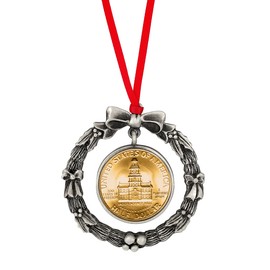 Coin Wreath Silvertone Pewter Ornament | JFK Half Dollar Layered in Gold | Red Ribbon | Certificate of Authenticity
