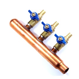 PEX Plumbing Manifold 3/4" Male 1/2" Ball Valve, Close End, Barbed (3 Port, Sweat End)