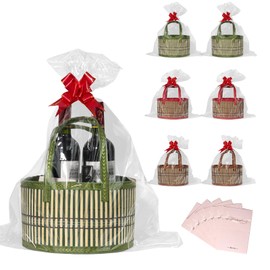 Luxury Bamboo Gift Basket - Decorative Woven Storage Basket with Bag & Ribbon, Perfect for Gift Packaging, Hampers, Home Décor & Organization (red*2,green*2,brown*2, 6pack)