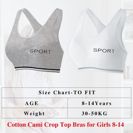EDS Service Teen Girls Bra, 2 Pack Kids Crop Top Bra, Girls Training Bra with Removable Pad, Cotton Sports Vest for Age 8-14 Years