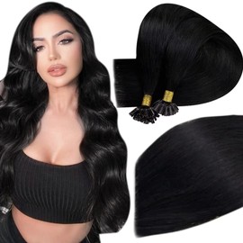 Easyouth Black U Tip Human Hair Extensions Hot Fusion Keratin Hair Jet Black Pre Bonded Hair Extensions U Tip Hair 16 Inch 50g/50s Invisible U Tip Extensions