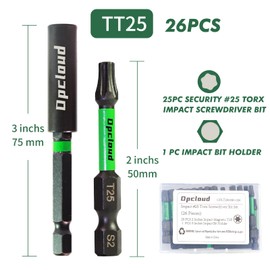 Opcloud T25 Impact Screwdriver Bit Set, 26 Pieces 2”S2 Steel Magnetic Security #25 Torx Tips Driver Power Bit Set with Extension Impact Bit Holder