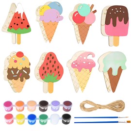 DONCOO Wooden Craft Sets for Children, 16 Pieces Craft Children's Ice Cream, Wooden Craft Set with Watercolour Brushes, Craft Sets Children's Birthday, Wooden Crafts for Painting for DIY Children