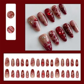 ONPRESS 24Pcs Red Press on Nails Medium Almond Fake Nails with 3D Heart Rhinestones Design Love Lips Gold Bow False Nails Cherry Glue on Nails Glossy Full Cover Arylic Nails for Women Girls