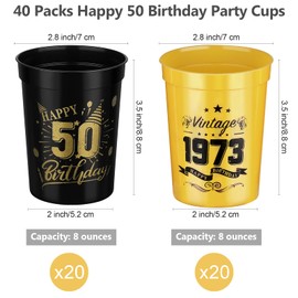 Shojoy 40 Pack Happy 50 Birthday Party Cups Black and Gold Birthday Stadium Cups 8 Ounces Reusable Plastic Tumblers for Birthday Anniversary Party Supplies Decors
