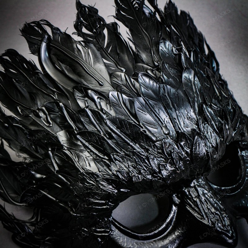 Masquerade Dark Raven Demon Masquerade Mask with Black Feather Crown