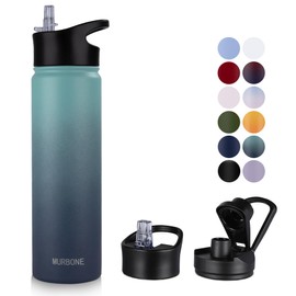 MURBONE Stainless Steel Drinking Bottle 750 ml (+ 2 Lids) with Straw, BPA-Free, Leak-Proof, Suitable for Carbonated Drinks, Thermos Flask, Vacuum Double Wall Insulation for Sports, Travel, Camping