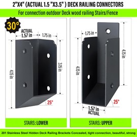 CNQLIS 16Pcs Stainless Steel 2" x 4" Deck Railing 30 Stair Connectors, for Stair Handrail Connection Installation Bracket (Black)