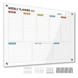 Marribol Glass Weekly Dry Erase Board for Wall 16"X 12",Colorful Weekly Calendar Whiteboard,to Do List Weekly Planner Whiteboard,Frameless Mounting,for Memo, School, Home, Office, Kitchen UV3040