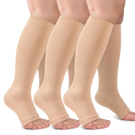 3 Pack Open Toe Compression Socks for Women and Men, Toeless Knee High Stockings for Circulation Support, Nude Large-X-Large