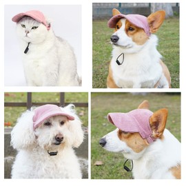 Harikaji Dog Cap, Dog Thickened Corduroy Cap Sunscreen Hat Baseball Cap Outdoor Sports Hat with Ear Holes Chin Strap for Cats Dogs (Pink,XL)