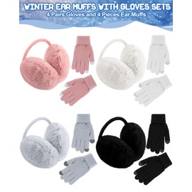 Suhine 8 Pieces Winter Ear Muffs with Gloves Sets Women Include 4 Pcs Soft Fuzzy Outdoors Adjustable Earmuffs 4 Pairs of Warm Gloves in Cold Weather for Women Girls