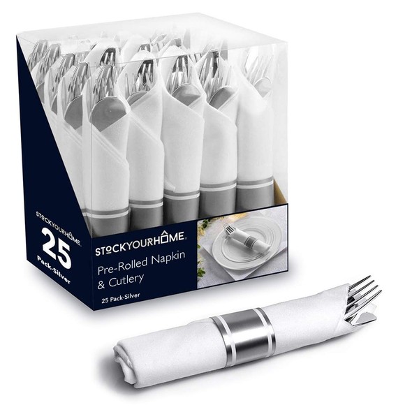 Pre Rolled Plastic Silverware Sets for Parties (25 Pack) Silver