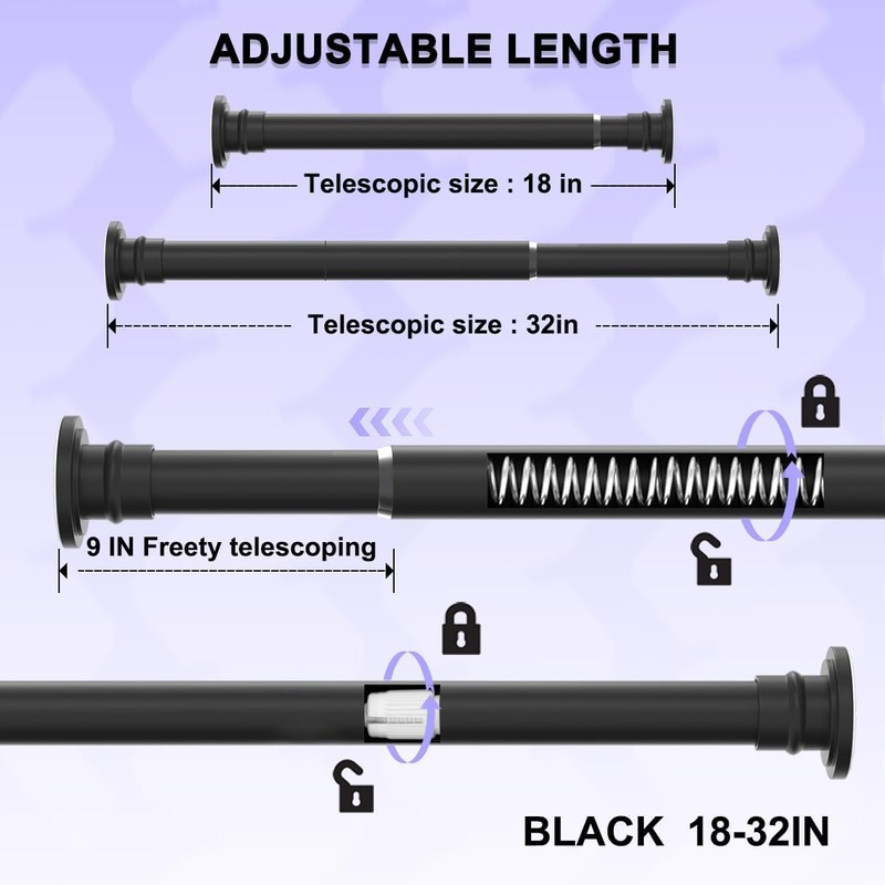 Small Tension Rod 18-32 Inches Black Shower Curtain Rod Heavy