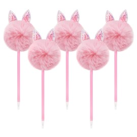 Biiange Rabbit Fluffy Pens, Pom Pom Bunny Pens, Plastic Ballpoint Pen, With Black Ink, Gift Pens for Christmas Stationery Carnival Birthday (5Pcs) (Pink)